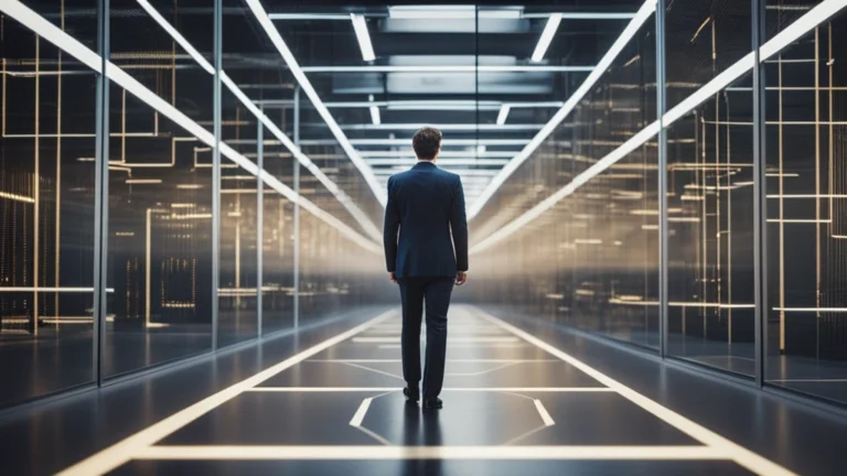 Business leader at crossroads choosing between traditional office path and AI-powered digital transformation pathway